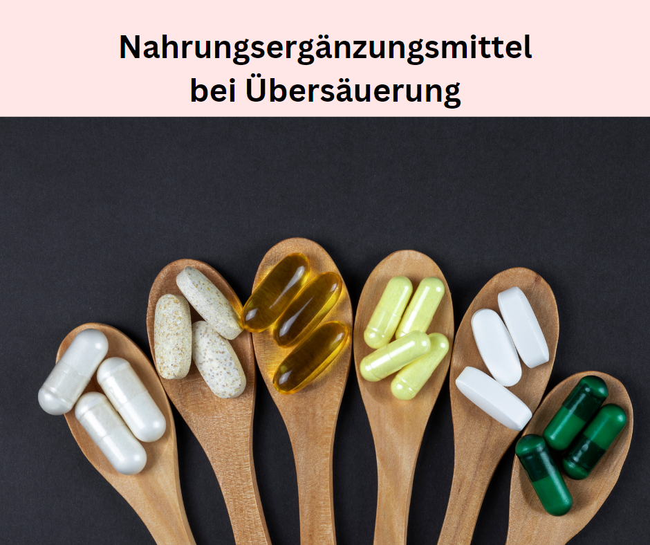 Titel: Nahrungsergänzungsmittel bei Übersäuerung. 6 Löffeln mit unterschiedlichen Kapsel auf schwarzer Hintergrung.