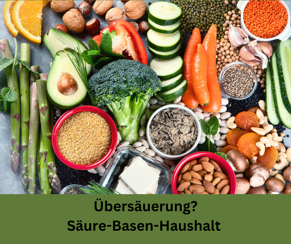 Verschiedene Obst und Gemüse. Schriftzug: Übersäuerung? Säure-Basen-Haushalt.