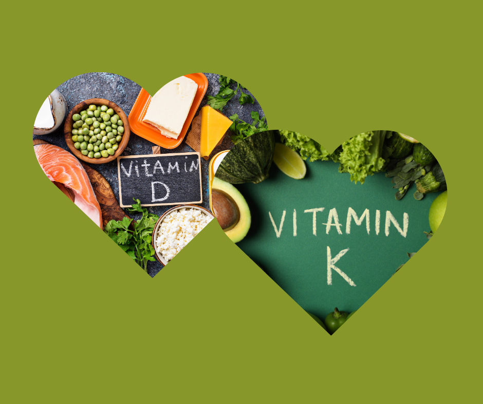 Zwei Herzen nebeneinander mit Lebensmitteln und der Schrift Vitamin D im ersten und im zweitem Herz Vitamin K.