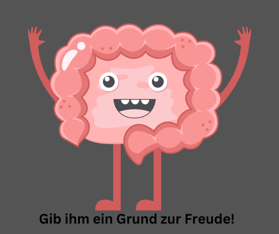 Titel: Gib ihm ein Grund zur Freude. Ein lachendes Gesicht mit ein Dickdarm umrandet, mit den Händen nach oben.