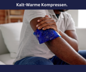 Mann hält eine Gel Kompresse am rechten Arm um Schmerzlinderung bei Gelenkbeschwerden zu erzielen.
