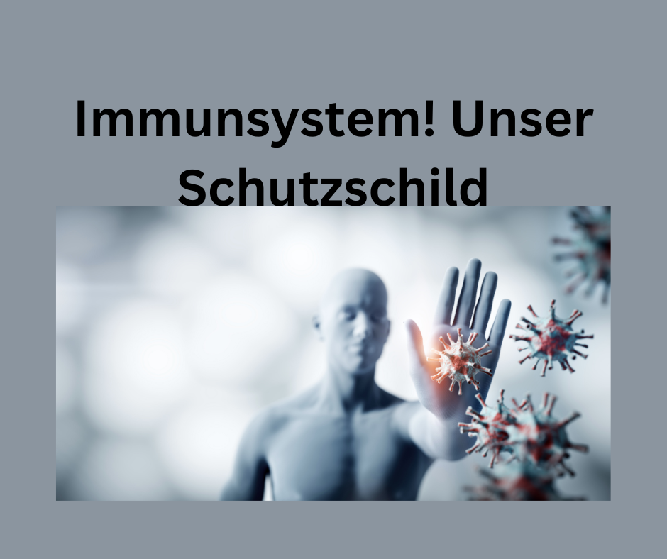 Mann wehrt sich gegen Viren mit der Hand. Schriftzug: Immunsystem, unser Schutzschild.