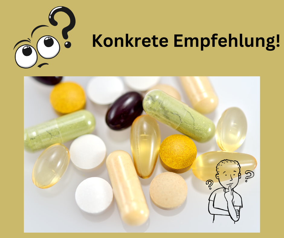 Titel: Konkrete Empfehlung. Karikatur mit Fragende Augen. Auf eine Fläche liegen bunte Kapsel von Nahrungsergänzungsmittel.
