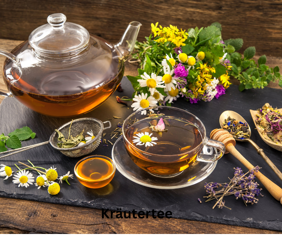 Kräuter und Kräutertee in einer Kanne und Tasse. Unterstütz den Verdauungstrakt – natürliche Hilfe für eine gesunde Verdauung