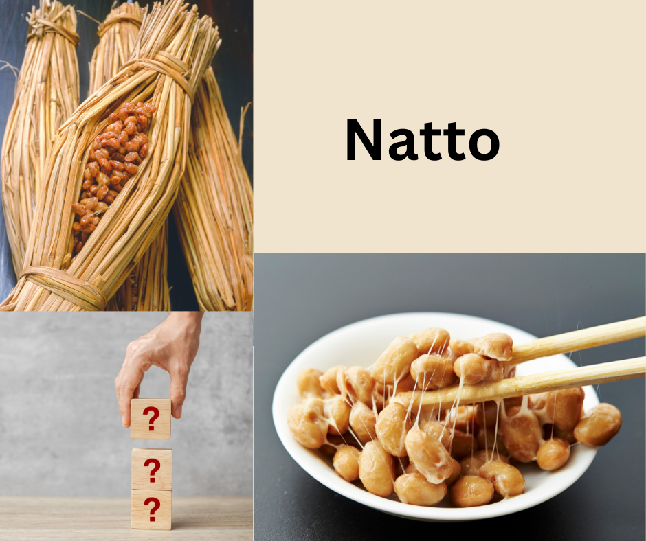 Natto im Stroh und Natto auf ein Teller. Eine Hand hält ein Würfel mit ein Frage Zeichen zwei weitere liegen auf ein Tisch