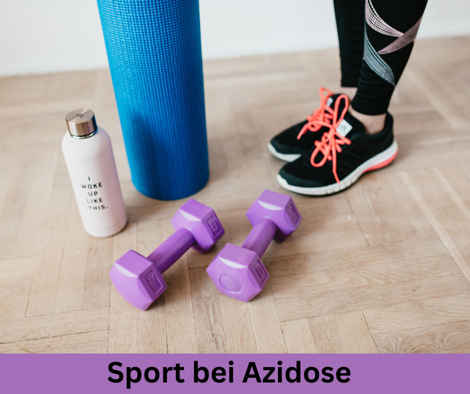 Frau steht vor Hanteln, Drinkflasche und eine Sportmatte. Sport bei Azidose und Übersäuerung.