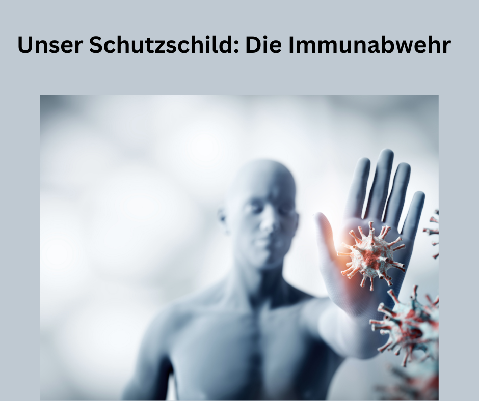 Titel: Unser Schutzschild: Die Immunabwehr. Ein Mann hält seine Hand nach oben um Viren abzuhalten.