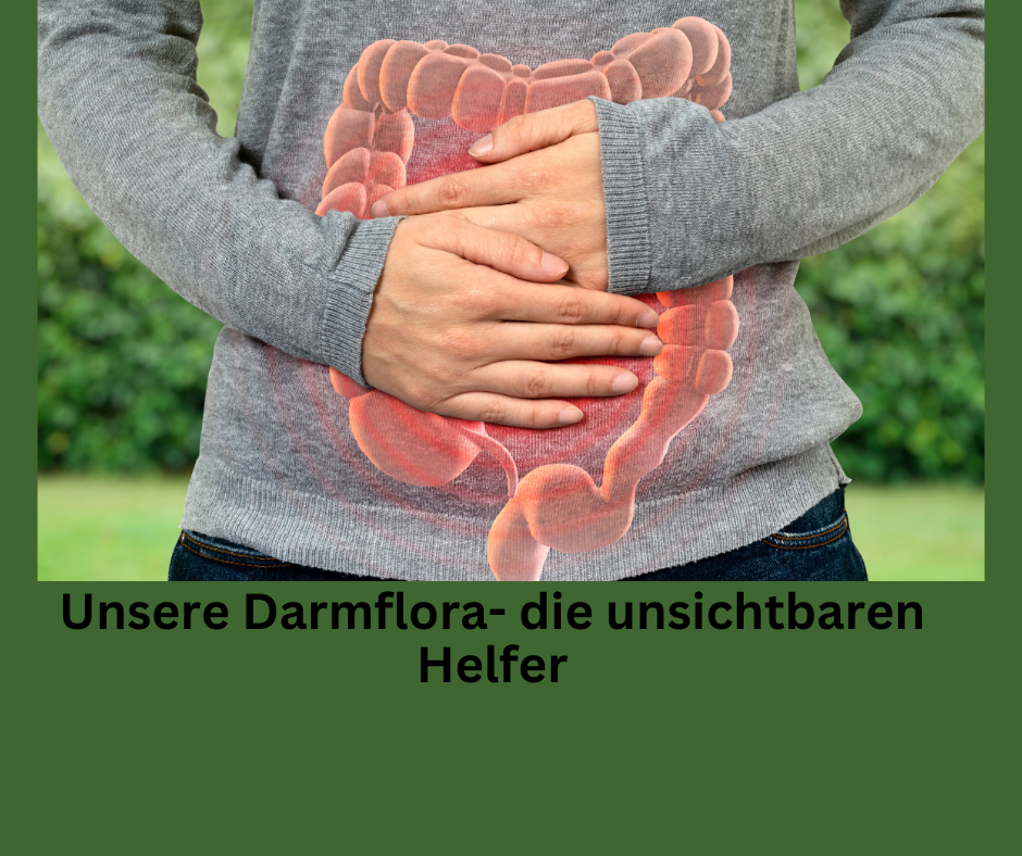 Frau hält sich den Bauch mit beide Händen fest. Schriftzug: Unsere Darmflora - die unsichtbaren Helfer.