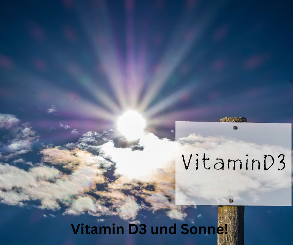 Blauer Himmel mit Sonne und eine Schild mit der Schrift: Vitamin D3.