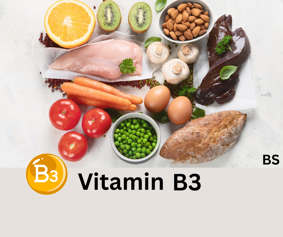 Vitamin B3 Reiche Lebensmittel wie Orange, Tomaten, Leber, Mandeln und Kiwi.