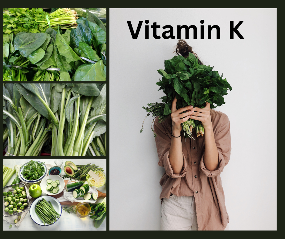 Vitamin K, eine Frau hält ein Bund grünes Blattgemüse vor ihr Gesicht, links Unterteilung in drei Spalten jede Spalte zeigt unterschiedliches grünes Blattgemüse.