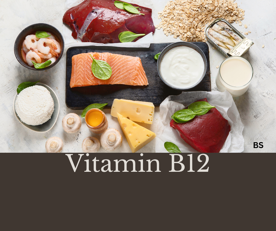 Vitamin B12 reiche Lebensmittel wie Lachs, Leber, Käse und Champignons