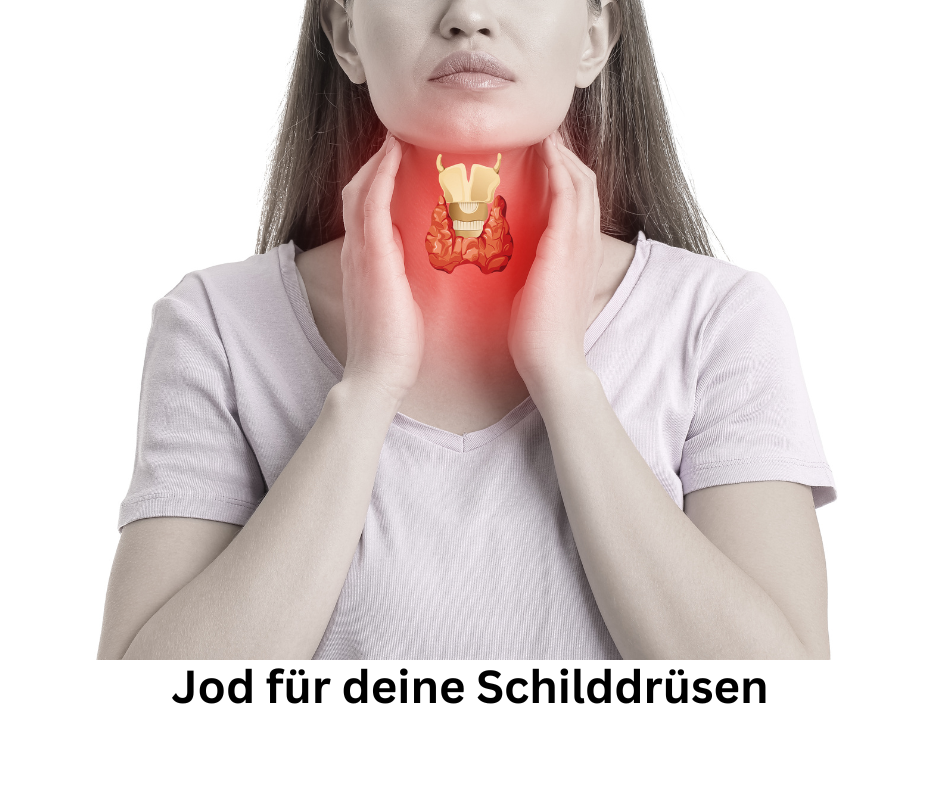 Frau hält beide Hände den Hals. Schriftzug: Jod für deine Schilddrüsen.