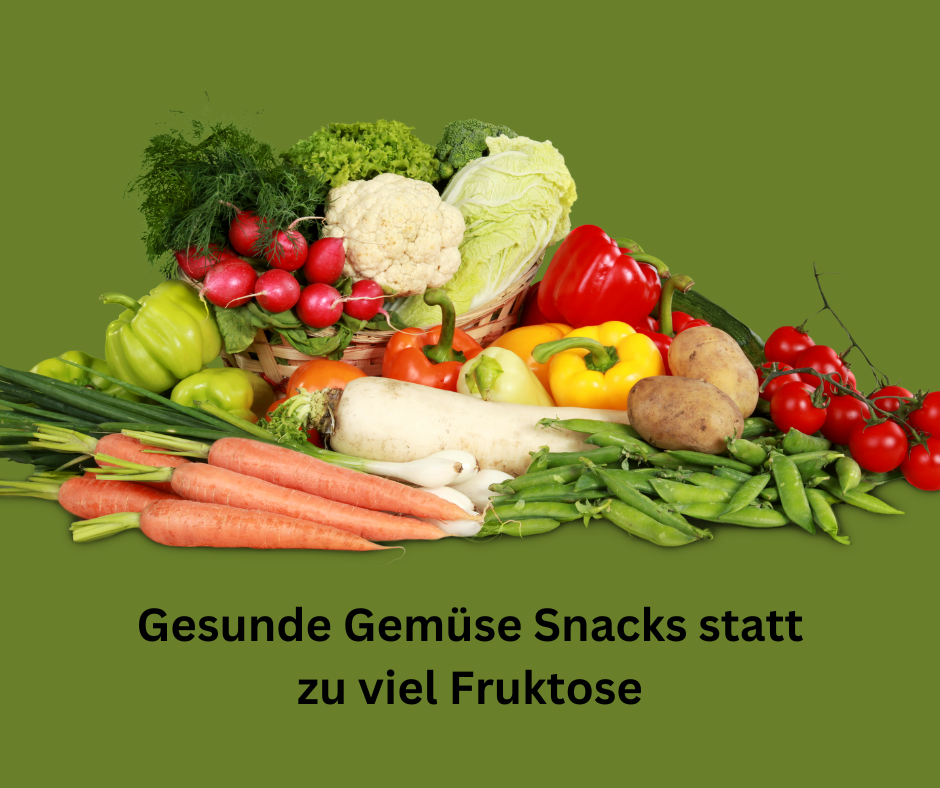 Verschiedene Gemüse Sorten. Schriftzug: Gesunde Gemüse Snacks statt zu viel Fruktose.