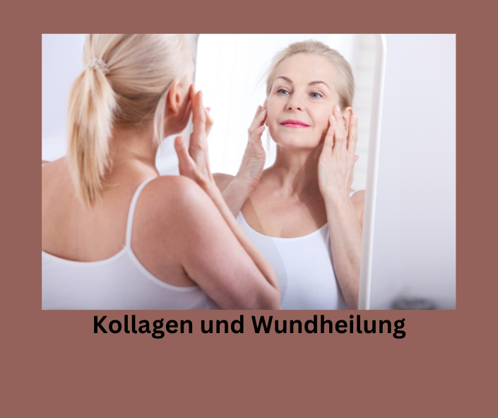 Kollagen und Wundheilung. Eine Frau betrachtet sich im Spiegel