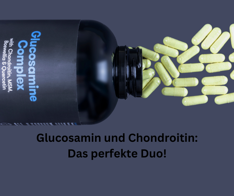 Glucosamin und Chondroitin in Kapseln. Schriftzug: Glucosamin und Chondroitin das perfekte Duo.