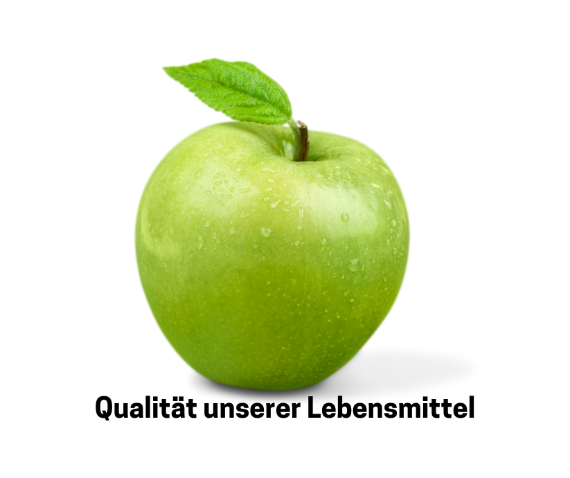 Grüner Apfel mit dem Schriftzug: Qualität unserer Lebensmittel.