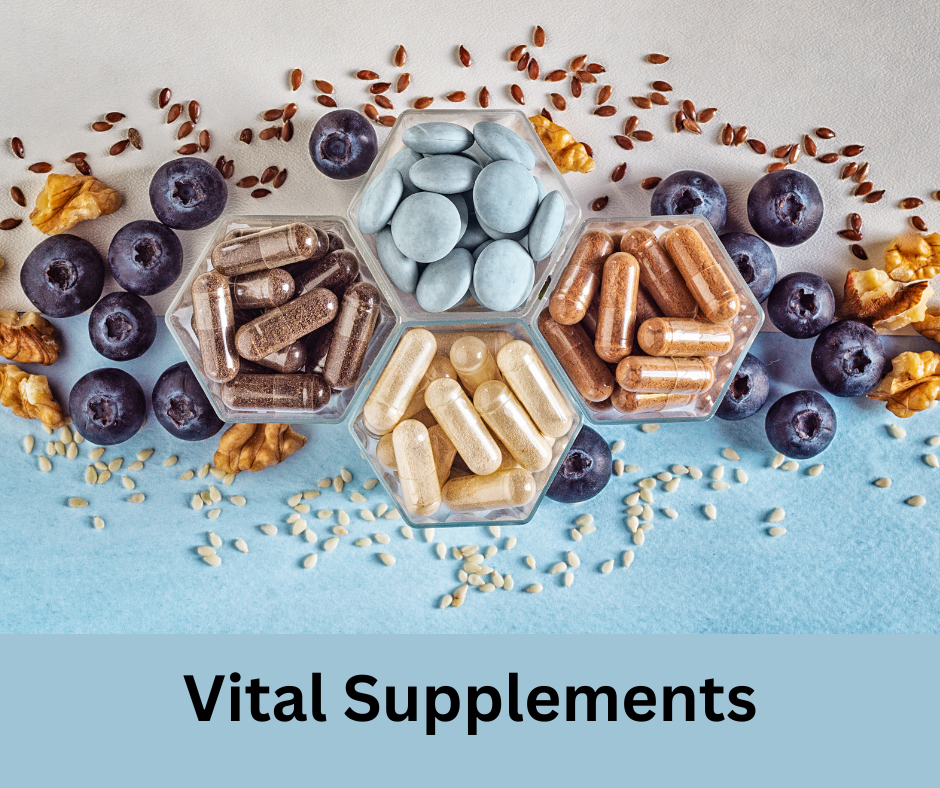 Nüsse, Leinsamen, Blaubeeren und Reis neben verschiedene Nahrungsergänzungsmittel. Schriftzug: Vital Supplements