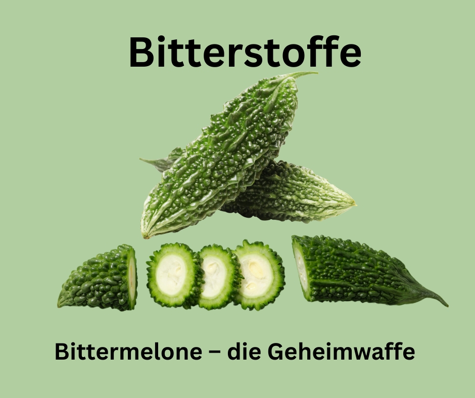 Bittermelone als ganzes und aufgeschnitten. Schriftzug: Bitterstoffe, Bittermelone die Geheimwaffe.