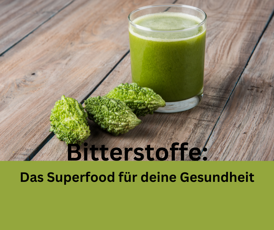 Smoothie mit Bittermelone. Schriftzug: Bitterstoffe Das Superfood für deine Gesundheit.