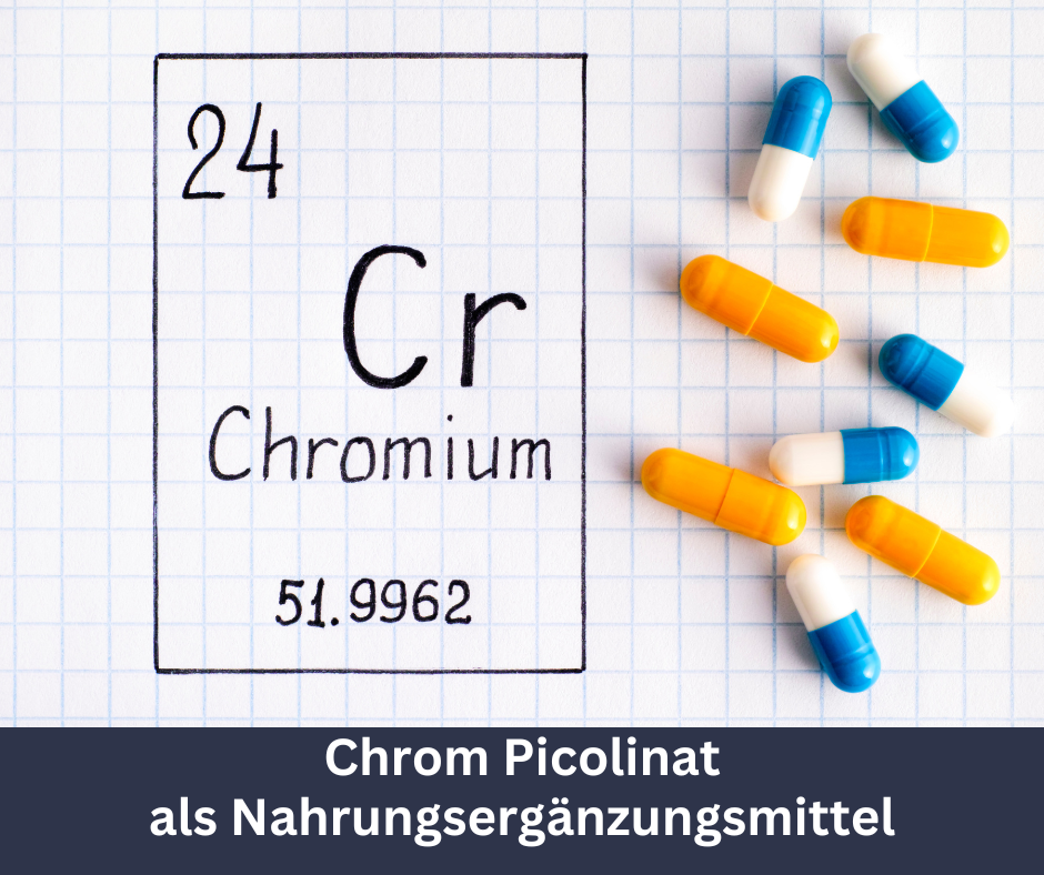 Chrom im Periodensystem und Kapseln. Mit dem Schriftzug: Chrom Picolinat als Nahrungsergänzungsmittel.