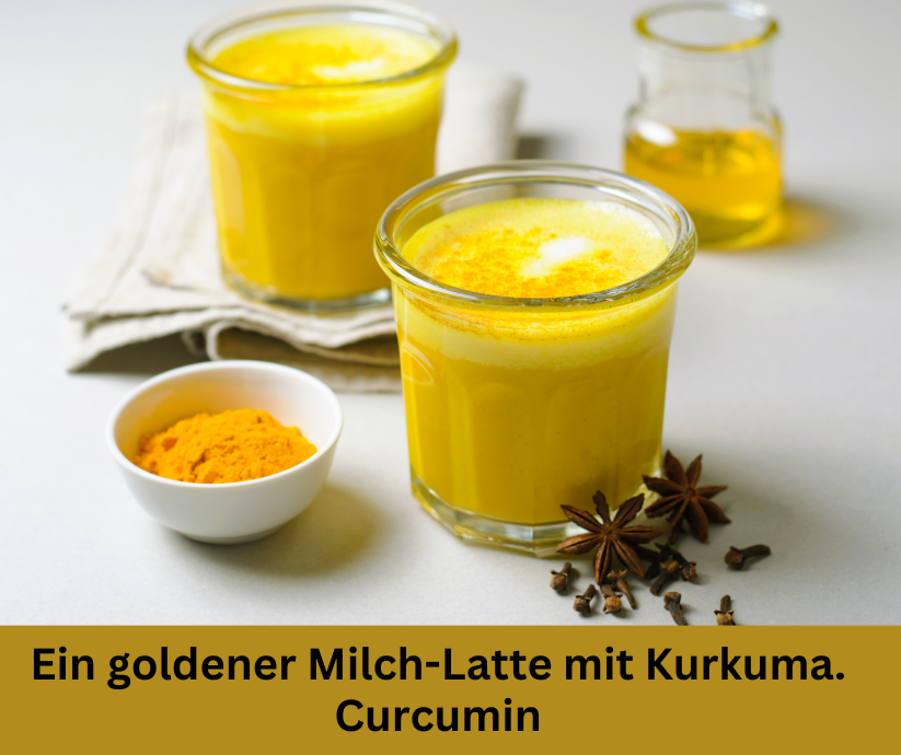 Zwei Gläser goldener Milch-Latte mit Kurkuma. Curcumin.