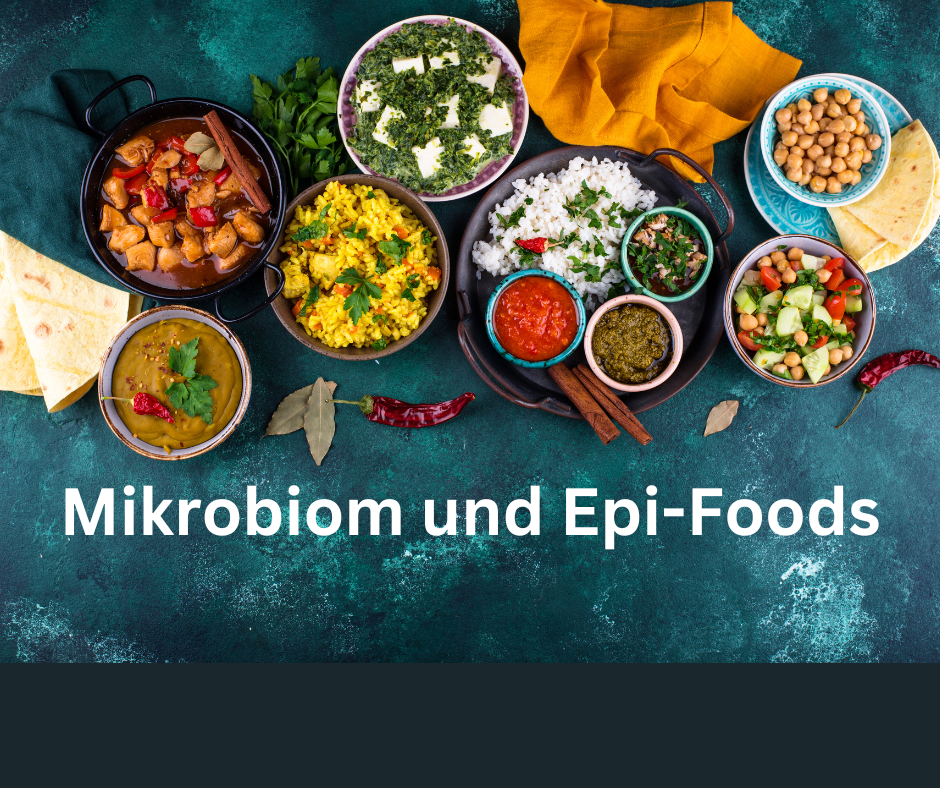 Verschiedene Tellern mit Essen. Schriftzug: Mikrobiom und Epi-Foods