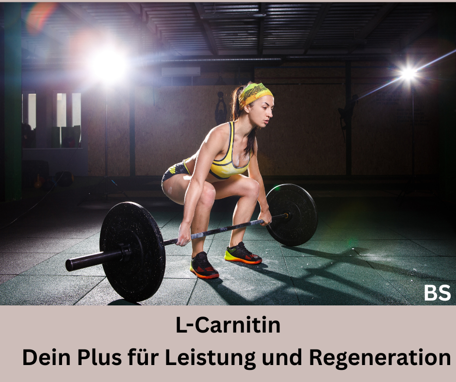 Frau macht Krafttraining. Schriftzug: L-Carnitin, Dein Plus für Leistung und Regeneration.