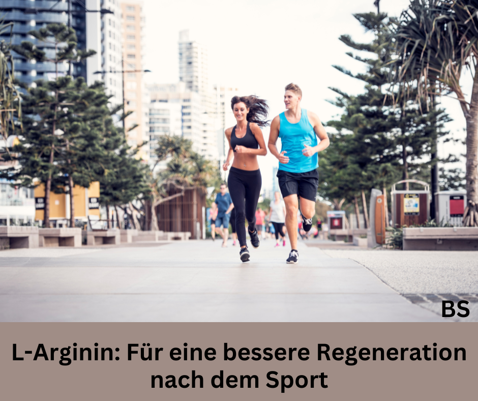 Zwei Jogger in der Stadt. Schriftzug: L-Arginin für eine bessere Regeneration nach dem Sport.