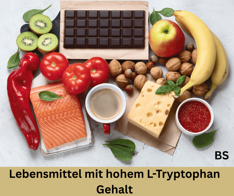 Lebensmittel mit hohem L-Tryptophan-Gehalt mit dem Gleichen Schriftzug. Tryptophan.
