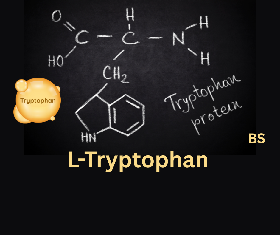 Chemische Formel von Tryptophan. Schriftzug: L-Tryptophan.