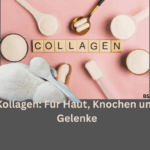 Kollagen Pulver. Schriftzug: Kollagen für Knochen, Haut und Gelenke