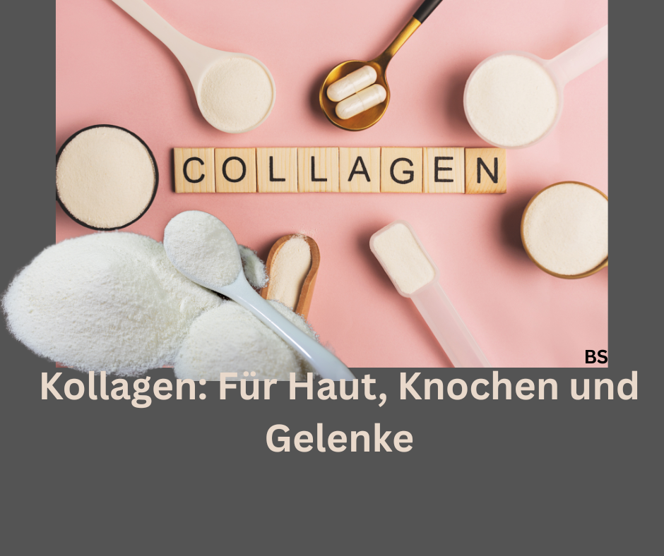 Kollagen Pulver. Schriftzug: Kollagen für Knochen, Haut und Gelenke
